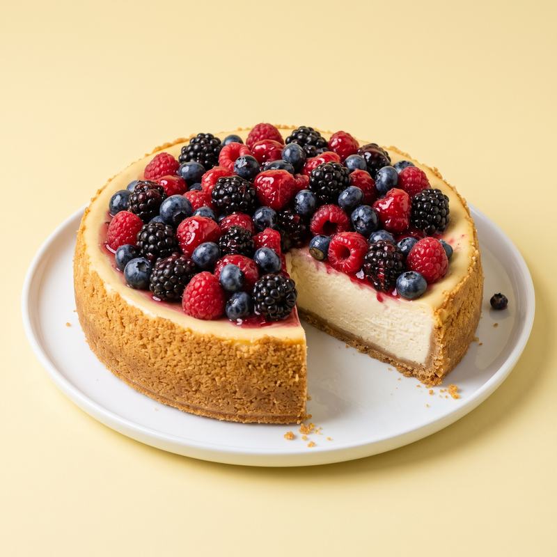 Cheesecake con frambuesas, moras y zarzamoras