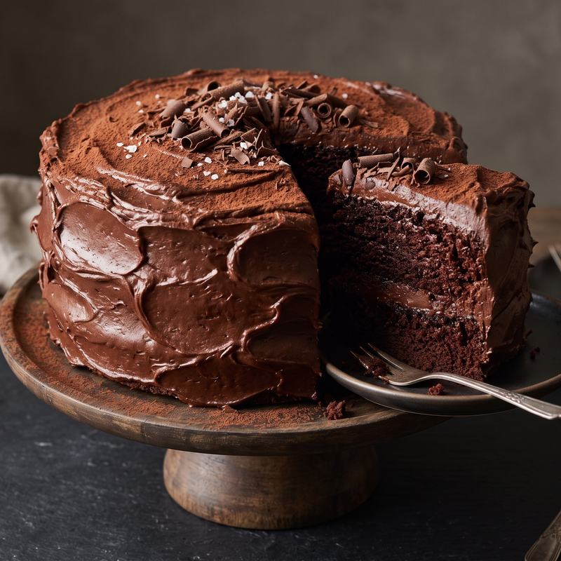 Pastel de chocolate con betún de chocolate, con una rebanada servida