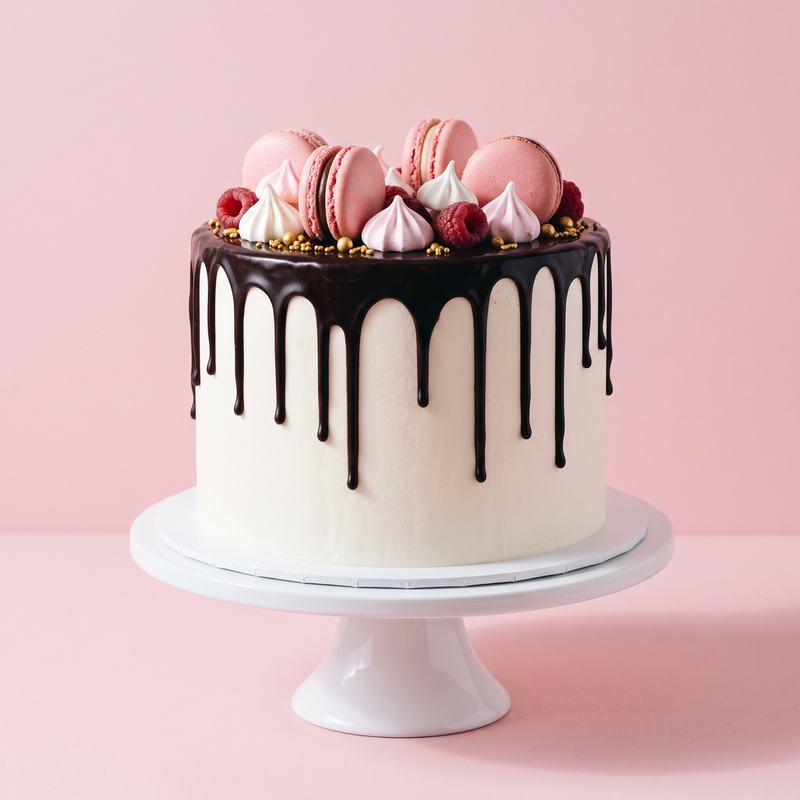 Pastel blanco con chorreado de chocolate, macarons y frambuesas